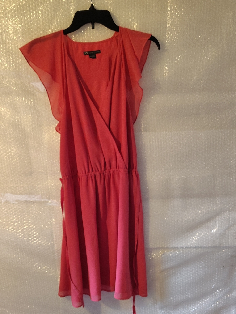 Armani Exchange Coral Red Flutter Sleeves Faux Wrap Mini Dress